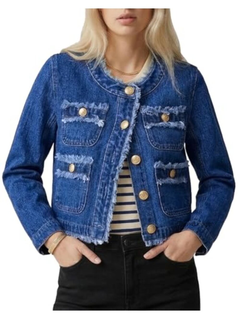 Frayed Denim Jacket Collarless Button Front Cropped Jean Jacket